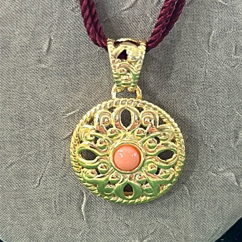 Vernoese Gold Clad Sterling Silver Coral Pendant With Burgundy Rope Necklace